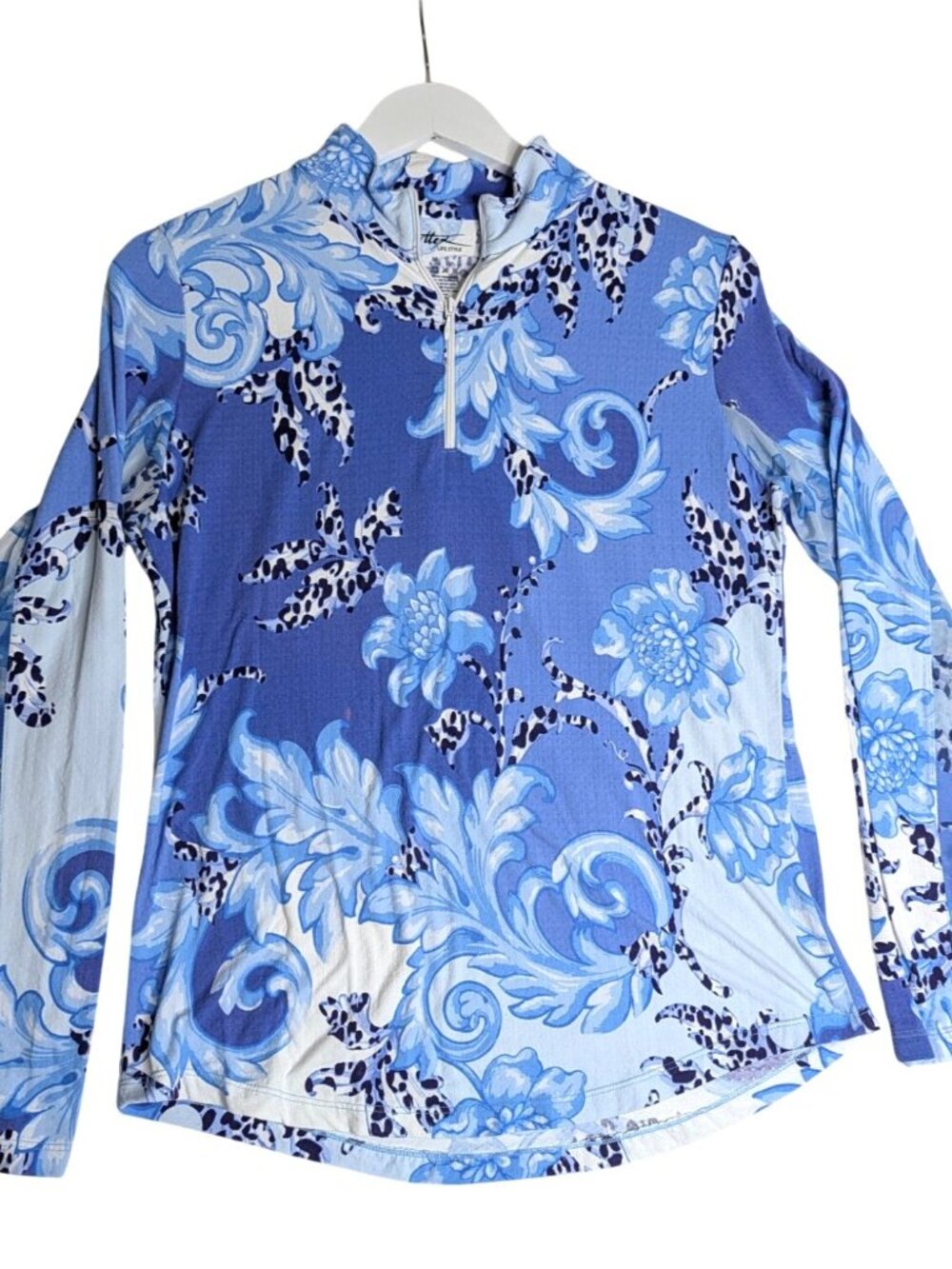 Gottex Venetian Scroll Blue & White 1/4 Zip Tennis, Pickleball, Golf Womens Top